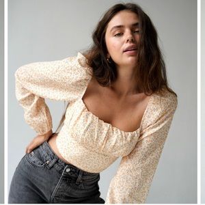 NWT Elodie Long Sleeve Yellow Floral Cropped Off-Shoulder Blouse Top, Size XL